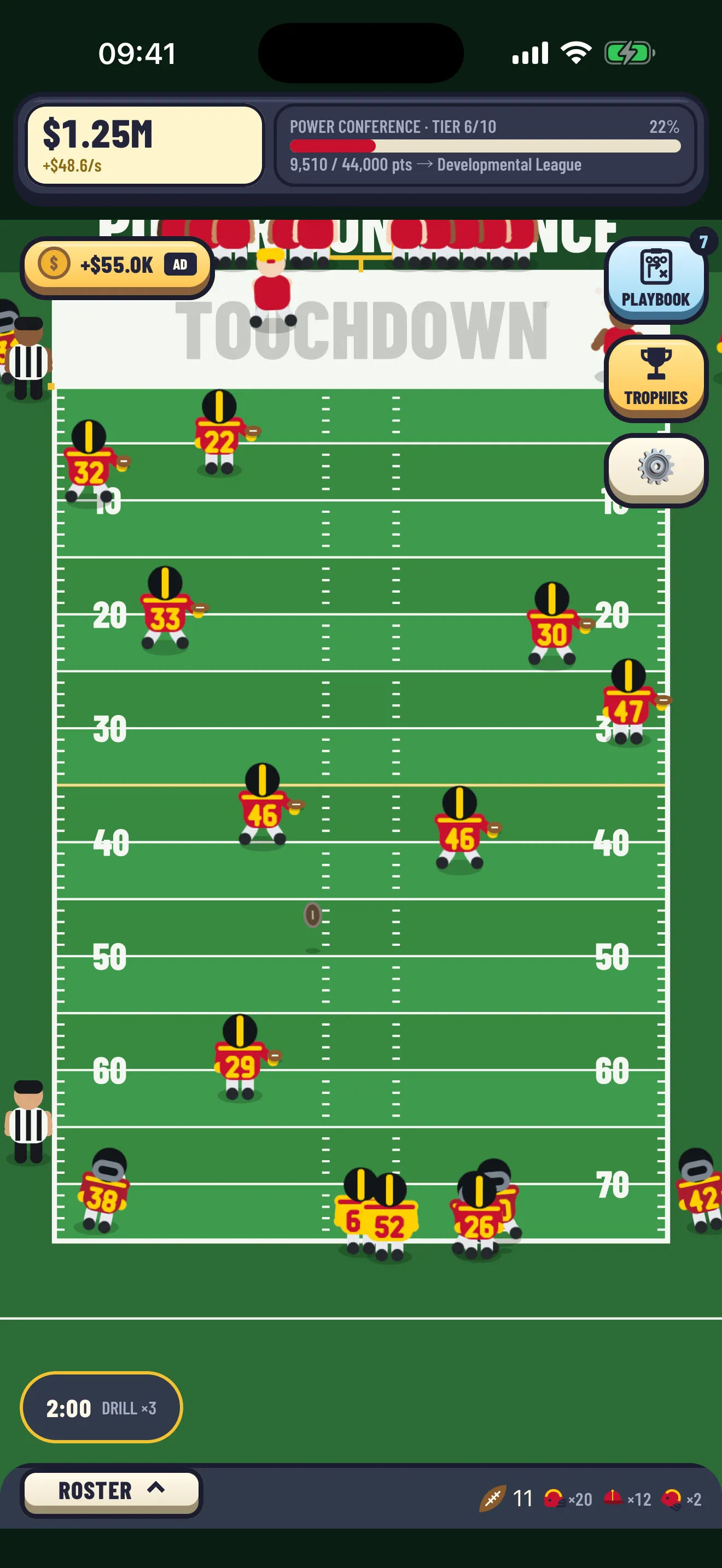 Gridiron Idle gameplay: a red and gold team running the ball toward the end zone, with the cash and tier scoreboard at the top
